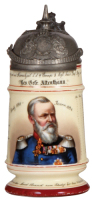 Regimental stein, .5L, 9.0" ht., porcelain, 9. Comp., bayr.&nbsp;Inft. Regt. Nr. 8, Metz, 1891 - 1894, no side scenes, roster, Bavarian thumblift, named to: Res. Gefr. Altenhann, original helmet lid, minor pewter tear, some color wear to red bands.