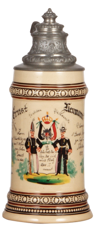 Regimental stein, .5L, 9.3" ht., pottery, 2. Comp., 1. Garde Regt. zu Fuss, Potsdam, Zum Geburtstage, am 8. Mai, 1897, two side scenes, eagle thumblift, named to: Ernst Neumann, some scratches.