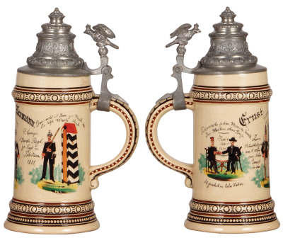 Regimental stein, .5L, 9.3" ht., pottery, 2. Comp., 1. Garde Regt. zu Fuss, Potsdam, Zum Geburtstage, am 8. Mai, 1897, two side scenes, eagle thumblift, named to: Ernst Neumann, some scratches. - 2