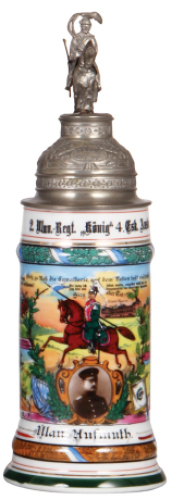 Regimental stein, .5L, 12.5" ht., porcelain, 4. Esk.,&nbsp;2. bayr.&nbsp;Ulan Regt. Ansbach, 1912 - 1915, four side scenes, roster, lion thumblift, named to: Ulan Aufmuth, lithophane lines, poorly repaired pewter tear.