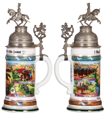 Regimental stein, .5L, 12.5" ht., porcelain, 4. Esk., 2. bayr. Ulan Regt. Ansbach, 1912 - 1915, four side scenes, roster, lion thumblift, named to: Ulan Aufmuth, lithophane lines, poorly repaired pewter tear. - 2