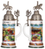 Regimental stein, .5L, 12.5" ht., porcelain, 4. Esk.,&nbsp;2. bayr.&nbsp;Ulan Regt. Ansbach, 1912 - 1915, four side scenes, roster, lion thumblift, named to: Ulan Aufmuth, lithophane lines, poorly repaired pewter tear. - 2