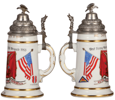 Two U.S. Military steins, .5L, porcelain, Best Firing Record 34 AAA Brigade 1953, Germany 1954, pewter lid, lithophane line, otherwise mint; with, 2nd. Battalion, 1st. Air Defense Artillery, Germany, pewter lid, mint. - 2