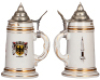 Two U.S. Military steins, .5L, porcelain, Best Firing Record 34 AAA Brigade 1953, Germany 1954, pewter lid, lithophane line, otherwise mint; with, 2nd. Battalion, 1st. Air Defense Artillery, Germany, pewter lid, mint. - 3