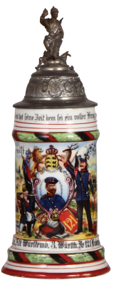 Regimental stein, .5L, 10.8" ht., porcelain, 7. Comp., Inft. Regt. Nr. 121, Ludwigsburg, 1904 - 1906, two side scenes, roster, Württemberg thumblift, named to: Hornist Hägele, slight wear to roster & lower red band.