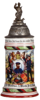 Regimental stein, .5L, 10.8" ht., porcelain, 7. Comp., Inft. Regt. Nr. 121, Ludwigsburg, 1904 - 1906, two side scenes, roster, W&uuml;rttemberg thumblift, named to: Hornist H&auml;gele, slight wear to roster & lower red band.