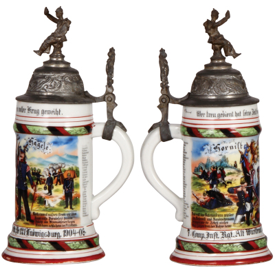 Regimental stein, .5L, 10.8" ht., porcelain, 7. Comp., Inft. Regt. Nr. 121, Ludwigsburg, 1904 - 1906, two side scenes, roster, Württemberg thumblift, named to: Hornist Hägele, slight wear to roster & lower red band. - 2