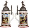 Regimental stein, .5L, 10.8" ht., porcelain, 7. Comp., Inft. Regt. Nr. 121, Ludwigsburg, 1904 - 1906, two side scenes, roster, W&uuml;rttemberg thumblift, named to: Hornist H&auml;gele, slight wear to roster & lower red band. - 2