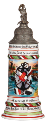 Regimental stein, .5L, 12.1" ht., porcelain, 2. Comp., Pionier Batl. Nr. 21, Mainz-Kastel, 1910 - 1912, two side scenes, roster, anchor thumblift, named to: Reservist Sch&ouml;fer, pewter tear and pewter strap repaired, lithophane hole filled in but not painte