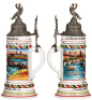 Regimental stein, .5L, 12.1" ht., porcelain, 2. Comp., Pionier Batl. Nr. 21, Mainz-Kastel, 1910 - 1912, two side scenes, roster, anchor thumblift, named to: Reservist Sch&ouml;fer, pewter tear and pewter strap repaired, lithophane hole filled in but not painte - 2
