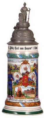 Regimental stein, .5L, 11.8" ht., porcelain, 1. Comp., Inft. Regt. Nr. 3, Augsburg, 1910 - 1912, four side scenes, roster, lion thumblift, screw-off finial, named to: Unteroffizier Lorenz Wendl, pewter tear - still strong, missing center hinge ring, body 