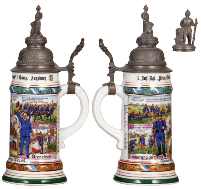 Regimental stein, .5L, 11.8" ht., porcelain, 1. Comp., Inft. Regt. Nr. 3, Augsburg, 1910 - 1912, four side scenes, roster, lion thumblift, screw-off finial, named to: Unteroffizier Lorenz Wendl, pewter tear - still strong, missing center hinge ring, body - 2