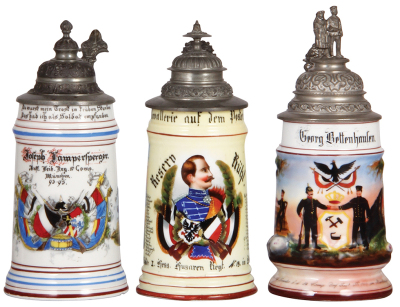 3 Regimental steins, .5L, porcelain, 8.9" ht., 10. Comp., Leib Inft. Regt., München, 1893-1895, 2 side scenes, floral thumblift, named to: J. Fampersperger, litho lines; with, 8.8" ht., 2. Esk., Husar Regt. Nr. 13, Bockenheim, 1891-1894, 2 side scenes, ro