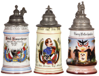 3 Regimental steins, .5L, porcelain, 8.9" ht., 10. Comp., Leib Inft. Regt., M&uuml;nchen, 1893-1895, 2 side scenes, floral thumblift, named to: J. Fampersperger, litho lines; with, 8.8" ht., 2. Esk., Husar Regt. Nr. 13, Bockenheim, 1891-1894, 2 side scenes, ro
