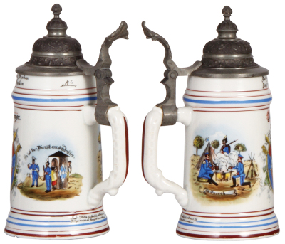 3 Regimental steins, .5L, porcelain, 8.9" ht., 10. Comp., Leib Inft. Regt., München, 1893-1895, 2 side scenes, floral thumblift, named to: J. Fampersperger, litho lines; with, 8.8" ht., 2. Esk., Husar Regt. Nr. 13, Bockenheim, 1891-1894, 2 side scenes, ro - 2