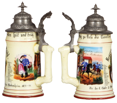 3 Regimental steins, .5L, porcelain, 8.9" ht., 10. Comp., Leib Inft. Regt., München, 1893-1895, 2 side scenes, floral thumblift, named to: J. Fampersperger, litho lines; with, 8.8" ht., 2. Esk., Husar Regt. Nr. 13, Bockenheim, 1891-1894, 2 side scenes, ro - 3