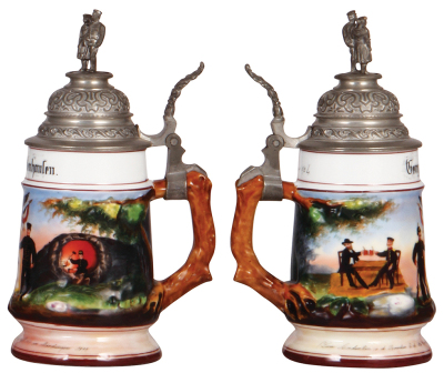 3 Regimental steins, .5L, porcelain, 8.9" ht., 10. Comp., Leib Inft. Regt., München, 1893-1895, 2 side scenes, floral thumblift, named to: J. Fampersperger, litho lines; with, 8.8" ht., 2. Esk., Husar Regt. Nr. 13, Bockenheim, 1891-1894, 2 side scenes, ro - 4