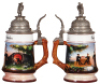 3 Regimental steins, .5L, porcelain, 8.9" ht., 10. Comp., Leib Inft. Regt., M&uuml;nchen, 1893-1895, 2 side scenes, floral thumblift, named to: J. Fampersperger, litho lines; with, 8.8" ht., 2. Esk., Husar Regt. Nr. 13, Bockenheim, 1891-1894, 2 side scenes, ro - 4
