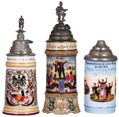 3 Regimental steins, .5L, porcelain, 10.6" ht., 7. Co., Inft. Nr. 80, Hanau, 1894-1896, 4 side scenes, roster, eagle thumblift, named to: Res. Lindenberger, incorrect finial; with, 12.2" ht., pottery, 8. Co., Inft. Nr. 161, Trier, 1905-1907, 2 side scenes