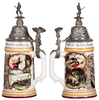 3 Regimental steins, .5L, porcelain, 10.6" ht., 7. Co., Inft. Nr. 80, Hanau, 1894-1896, 4 side scenes, roster, eagle thumblift, named to: Res. Lindenberger, incorrect finial; with, 12.2" ht., pottery, 8. Co., Inft. Nr. 161, Trier, 1905-1907, 2 side scenes - 2