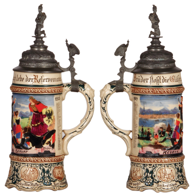 3 Regimental steins, .5L, porcelain, 10.6" ht., 7. Co., Inft. Nr. 80, Hanau, 1894-1896, 4 side scenes, roster, eagle thumblift, named to: Res. Lindenberger, incorrect finial; with, 12.2" ht., pottery, 8. Co., Inft. Nr. 161, Trier, 1905-1907, 2 side scenes - 3