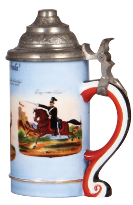 3 Regimental steins, .5L, porcelain, 10.6" ht., 7. Co., Inft. Nr. 80, Hanau, 1894-1896, 4 side scenes, roster, eagle thumblift, named to: Res. Lindenberger, incorrect finial; with, 12.2" ht., pottery, 8. Co., Inft. Nr. 161, Trier, 1905-1907, 2 side scenes - 4