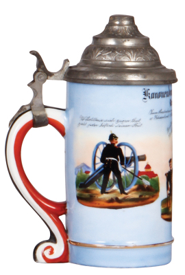 3 Regimental steins, .5L, porcelain, 10.6" ht., 7. Co., Inft. Nr. 80, Hanau, 1894-1896, 4 side scenes, roster, eagle thumblift, named to: Res. Lindenberger, incorrect finial; with, 12.2" ht., pottery, 8. Co., Inft. Nr. 161, Trier, 1905-1907, 2 side scenes - 5