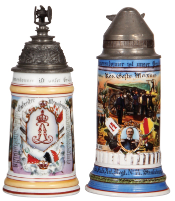 Two Regimental steins, .5L, 9.6" ht., porcelain, 6. Battr., Feld Artl. 25, Darmstadt, 1895 -1897, two side scenes, roster, lion thumblift, named to: Gefreiter Bensheimer, some word wear, with, .5L, 9.2" ht., porcelain, 2. Comp., Fuss Artl. Regt. Nr. 14, S