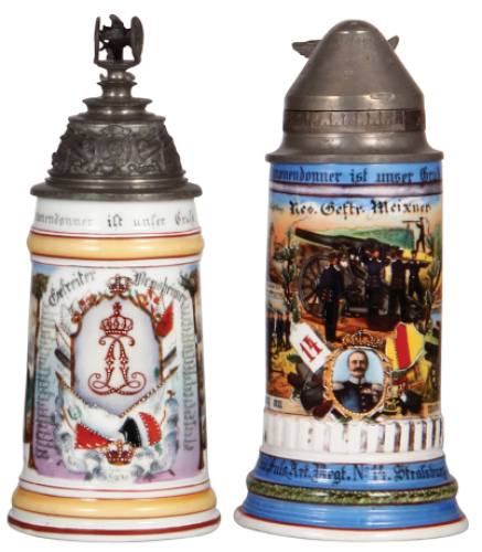 Two Regimental steins, .5L, 9.6" ht., porcelain, 6. Battr., Feld Artl. 25, Darmstadt, 1895 -1897, two side scenes, roster, lion thumblift, named to: Gefreiter Bensheimer, some word wear, with,&nbsp;.5L, 9.2" ht., porcelain, 2. Comp., Fuss Artl. Regt. Nr. 14, S
