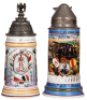 Two Regimental steins, .5L, 9.6" ht., porcelain, 6. Battr., Feld Artl. 25, Darmstadt, 1895 -1897, two side scenes, roster, lion thumblift, named to: Gefreiter Bensheimer, some word wear, with,&nbsp;.5L, 9.2" ht., porcelain, 2. Comp., Fuss Artl. Regt. Nr. 14, S