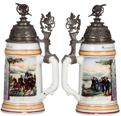 Two Regimental steins, .5L, 9.6" ht., porcelain, 6. Battr., Feld Artl. 25, Darmstadt, 1895 -1897, two side scenes, roster, lion thumblift, named to: Gefreiter Bensheimer, some word wear, with, .5L, 9.2" ht., porcelain, 2. Comp., Fuss Artl. Regt. Nr. 14, S - 2