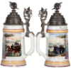 Two Regimental steins, .5L, 9.6" ht., porcelain, 6. Battr., Feld Artl. 25, Darmstadt, 1895 -1897, two side scenes, roster, lion thumblift, named to: Gefreiter Bensheimer, some word wear, with,&nbsp;.5L, 9.2" ht., porcelain, 2. Comp., Fuss Artl. Regt. Nr. 14, S - 2