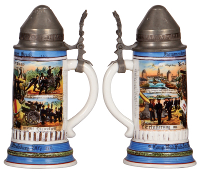 Two Regimental steins, .5L, 9.6" ht., porcelain, 6. Battr., Feld Artl. 25, Darmstadt, 1895 -1897, two side scenes, roster, lion thumblift, named to: Gefreiter Bensheimer, some word wear, with, .5L, 9.2" ht., porcelain, 2. Comp., Fuss Artl. Regt. Nr. 14, S - 3