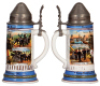 Two Regimental steins, .5L, 9.6" ht., porcelain, 6. Battr., Feld Artl. 25, Darmstadt, 1895 -1897, two side scenes, roster, lion thumblift, named to: Gefreiter Bensheimer, some word wear, with,&nbsp;.5L, 9.2" ht., porcelain, 2. Comp., Fuss Artl. Regt. Nr. 14, S - 3