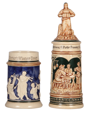 Two pottery steins, .5L, relief, 1431, Porter's Wiener Beer, figural frog in interior, mint; with, .5L relief, Compliments E. Porter Brewing Co. Joliet, figural lid, pewter strap soldered.
