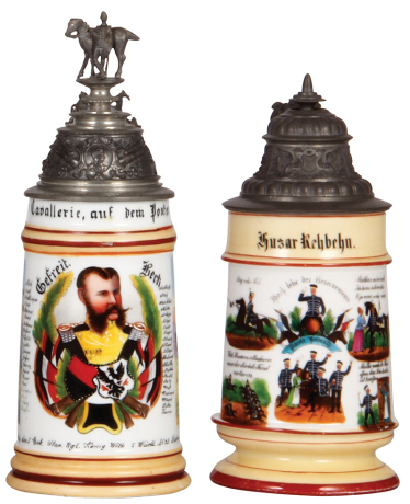 Two Regimental steins, .5L, 10.0" ht., porcelain, 2. Esk., Ulan Regt. Nr. 20, Ludwigsburg, 1893 -1896, two side scenes, roster, Württemberg thumblift, named to: Gefreiter Beck, head of rider on the finial is replaced, body mint; with, .5L, 8.7" ht., porce