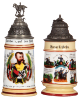 Two Regimental steins, .5L, 10.0" ht., porcelain, 2. Esk., Ulan Regt. Nr. 20, Ludwigsburg, 1893 -1896, two side scenes, roster, W&uuml;rttemberg thumblift, named to: Gefreiter Beck, head of rider on the finial&nbsp;is replaced, body mint; with,&nbsp;.5L, 8.7" ht., porce