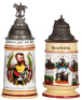 Two Regimental steins, .5L, 10.0" ht., porcelain, 2. Esk., Ulan Regt. Nr. 20, Ludwigsburg, 1893 -1896, two side scenes, roster, W&uuml;rttemberg thumblift, named to: Gefreiter Beck, head of rider on the finial&nbsp;is replaced, body mint; with,&nbsp;.5L, 8.7" ht., porce