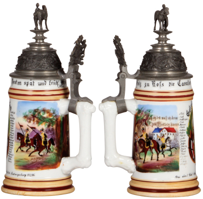 Two Regimental steins, .5L, 10.0" ht., porcelain, 2. Esk., Ulan Regt. Nr. 20, Ludwigsburg, 1893 -1896, two side scenes, roster, Württemberg thumblift, named to: Gefreiter Beck, head of rider on the finial is replaced, body mint; with, .5L, 8.7" ht., porce - 2