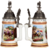 Two Regimental steins, .5L, 10.0" ht., porcelain, 2. Esk., Ulan Regt. Nr. 20, Ludwigsburg, 1893 -1896, two side scenes, roster, W&uuml;rttemberg thumblift, named to: Gefreiter Beck, head of rider on the finial&nbsp;is replaced, body mint; with,&nbsp;.5L, 8.7" ht., porce - 2