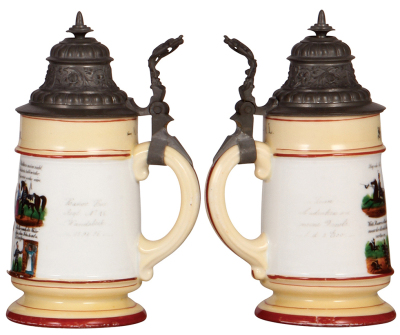 Two Regimental steins, .5L, 10.0" ht., porcelain, 2. Esk., Ulan Regt. Nr. 20, Ludwigsburg, 1893 -1896, two side scenes, roster, Württemberg thumblift, named to: Gefreiter Beck, head of rider on the finial is replaced, body mint; with, .5L, 8.7" ht., porce - 3