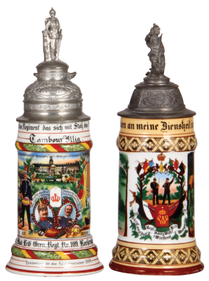 Two Regimental steins, .5L, 11.0" ht., porcelain, 10. Comp., Inft. Regt Nr. 109, Karlsruhe, 1908 -1910, four side scenes, roster, griffin thumblift, named to: Tambour Illig, pewter tear at rear of lid, body mint; with, .5L, 10.9" ht., porcelain, 6. Comp.,