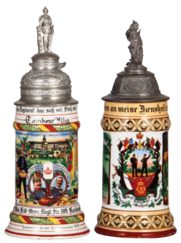 Two Regimental steins, .5L,&nbsp;11.0" ht., porcelain, 10. Comp., Inft. Regt Nr. 109, Karlsruhe, 1908 -1910, four side scenes, roster, griffin thumblift, named to: Tambour Illig, pewter tear at rear of lid, body mint; with, .5L, 10.9" ht., porcelain, 6. Comp.,