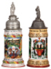 Two Regimental steins, .5L,&nbsp;11.0" ht., porcelain, 10. Comp., Inft. Regt Nr. 109, Karlsruhe, 1908 -1910, four side scenes, roster, griffin thumblift, named to: Tambour Illig, pewter tear at rear of lid, body mint; with, .5L, 10.9" ht., porcelain, 6. Comp.,
