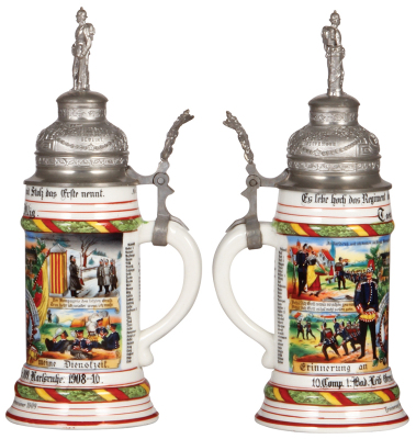 Two Regimental steins, .5L, 11.0" ht., porcelain, 10. Comp., Inft. Regt Nr. 109, Karlsruhe, 1908 -1910, four side scenes, roster, griffin thumblift, named to: Tambour Illig, pewter tear at rear of lid, body mint; with, .5L, 10.9" ht., porcelain, 6. Comp., - 2