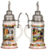 Two Regimental steins, .5L,&nbsp;11.0" ht., porcelain, 10. Comp., Inft. Regt Nr. 109, Karlsruhe, 1908 -1910, four side scenes, roster, griffin thumblift, named to: Tambour Illig, pewter tear at rear of lid, body mint; with, .5L, 10.9" ht., porcelain, 6. Comp., - 2