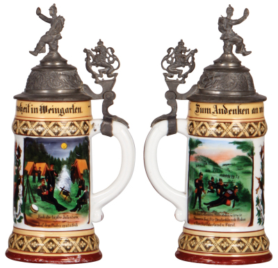 Two Regimental steins, .5L, 11.0" ht., porcelain, 10. Comp., Inft. Regt Nr. 109, Karlsruhe, 1908 -1910, four side scenes, roster, griffin thumblift, named to: Tambour Illig, pewter tear at rear of lid, body mint; with, .5L, 10.9" ht., porcelain, 6. Comp., - 3