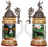 Two Regimental steins, .5L,&nbsp;11.0" ht., porcelain, 10. Comp., Inft. Regt Nr. 109, Karlsruhe, 1908 -1910, four side scenes, roster, griffin thumblift, named to: Tambour Illig, pewter tear at rear of lid, body mint; with, .5L, 10.9" ht., porcelain, 6. Comp., - 3