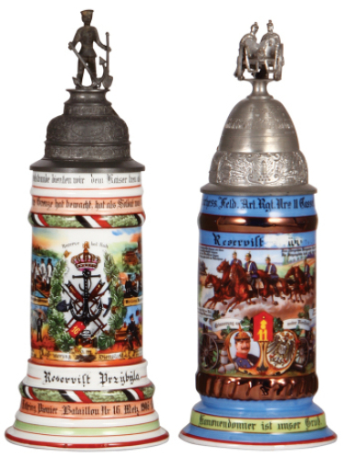 Two Regimental steins, .5L, 12.6" ht., porcelain, 4. Comp.,&nbsp;Pionier Bat. Nr. 16, Metz, 1906 - 1908, four side scenes, roster, eagle thumblift, named to: Reservist Prz&yuml;b&yuml;la, small lithophane lines, missing small piece of pewter from anchor on finial; with,