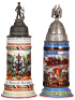Two Regimental steins, .5L, 12.6" ht., porcelain, 4. Comp.,&nbsp;Pionier Bat. Nr. 16, Metz, 1906 - 1908, four side scenes, roster, eagle thumblift, named to: Reservist Prz&yuml;b&yuml;la, small lithophane lines, missing small piece of pewter from anchor on finial; with,